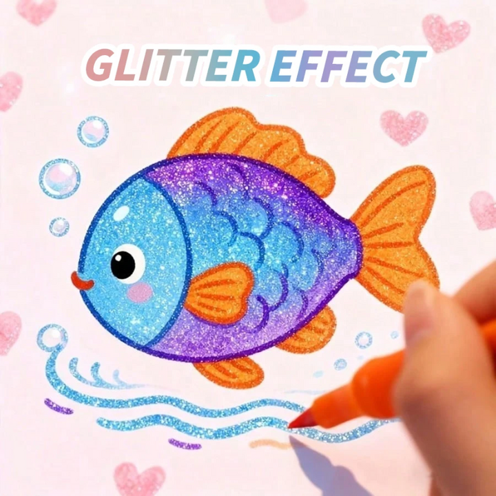Orange marker coloring shimmering waves beneath a blue and purple fish