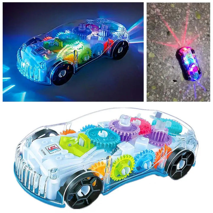 Transparent toy racing car with colorful gears, shown with its LED lights on and off