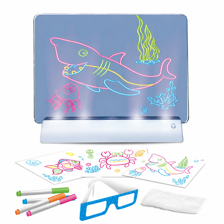 LED drawing board with glowing sea-life artwork, four pens, illustrated paper sheets, 3D glasses, and cloth