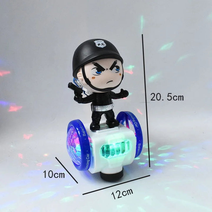White character toy car with illuminated blue wheels and measurements of 10 x 12 x 20.5 cm