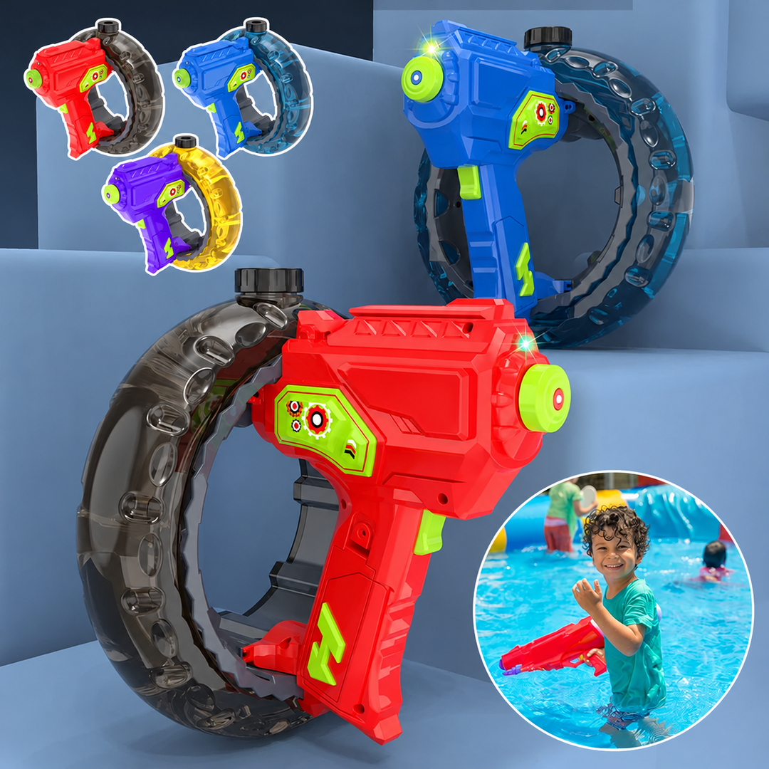 Red, blue and purple water blasters with curved reservoirs and a child using one in a pool