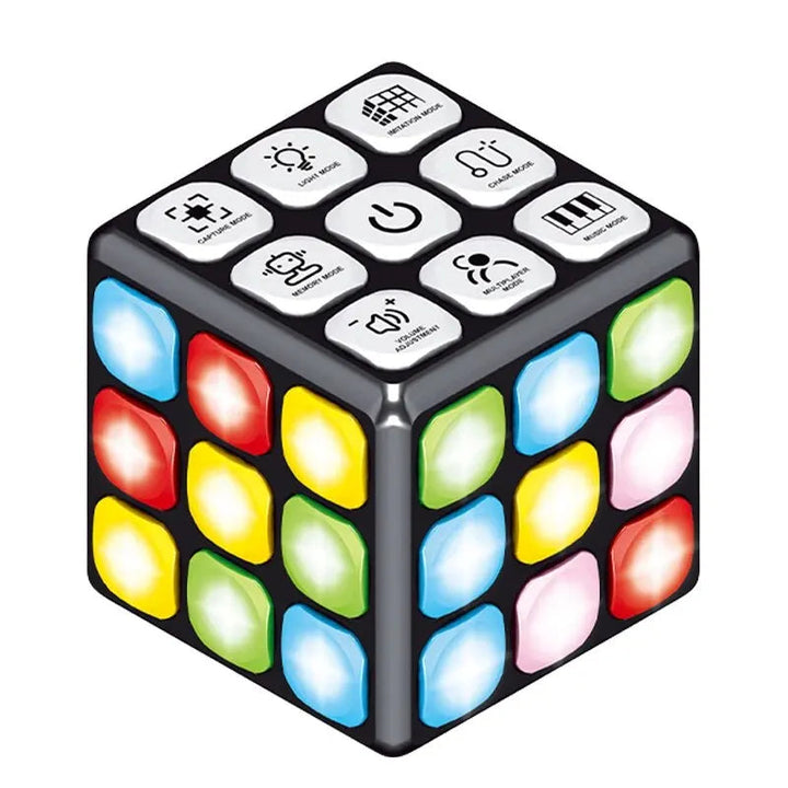 Black activity cube with multicolored illuminated buttons and white controls on top