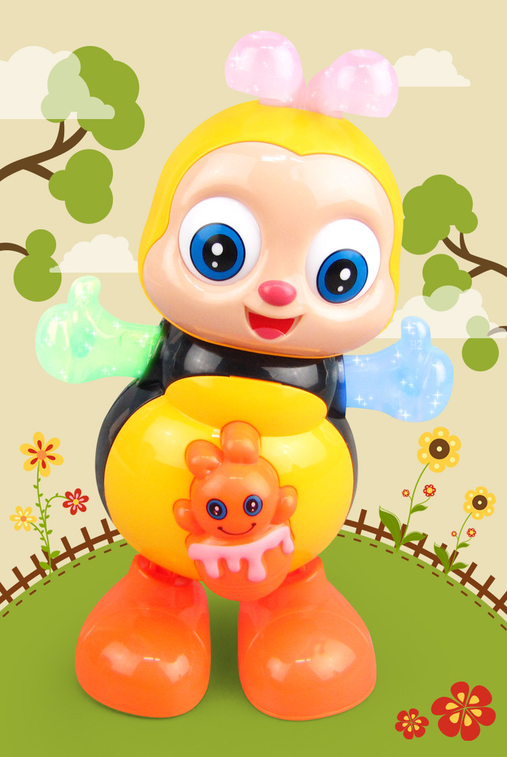 Yellow bee toy with glowing arms and antennae against a garden-themed background