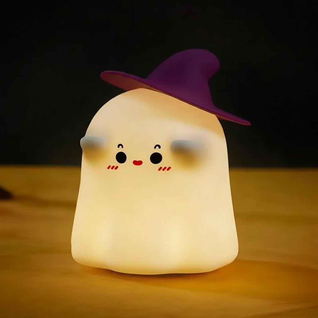 Wizard night light glowing beneath a purple pointed hat
