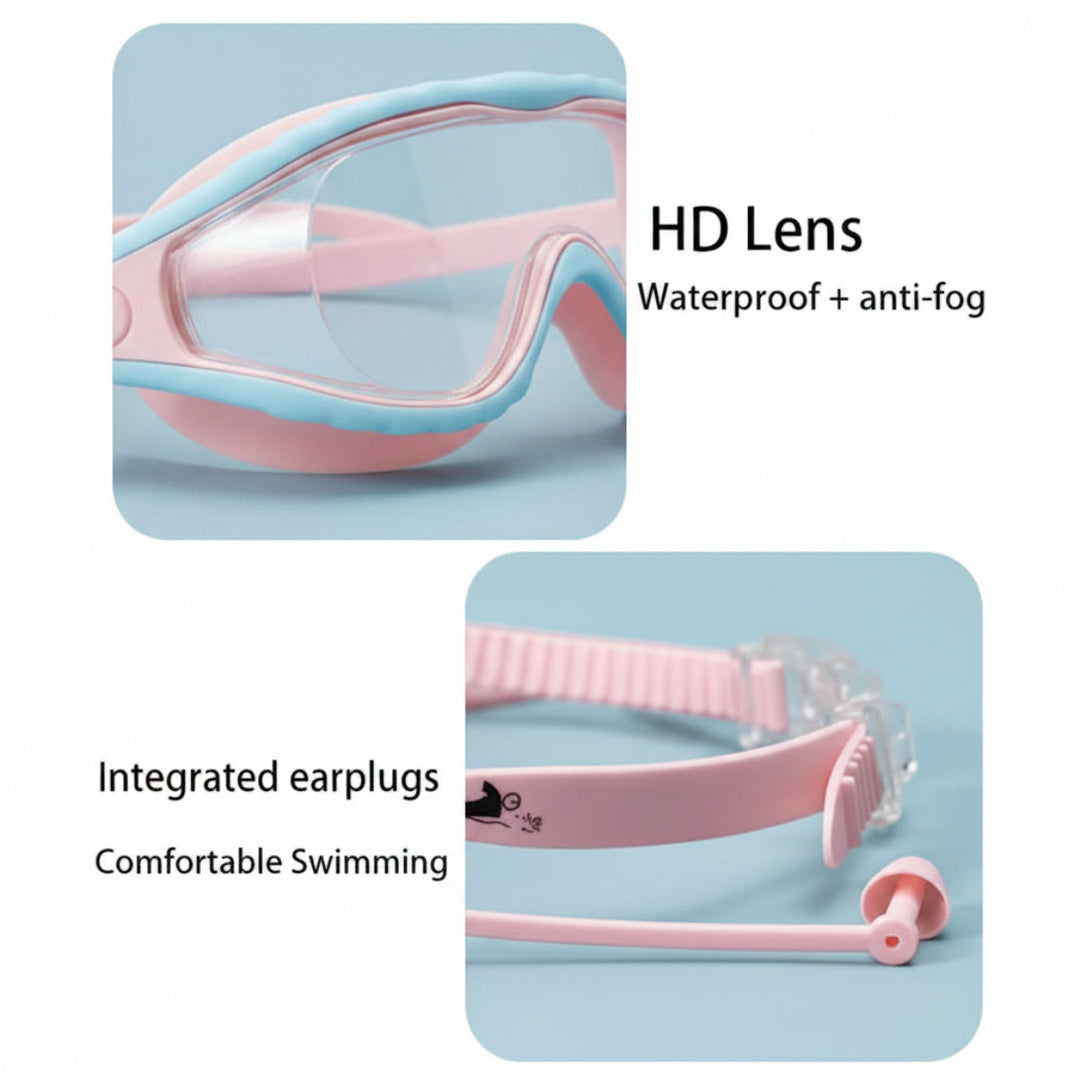 Pink-and-blue swimming goggles showing the lens and integrated earplugs
