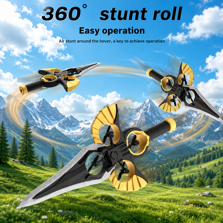 Gold flying sword shown in a 360-degree stunt roll flight sequence