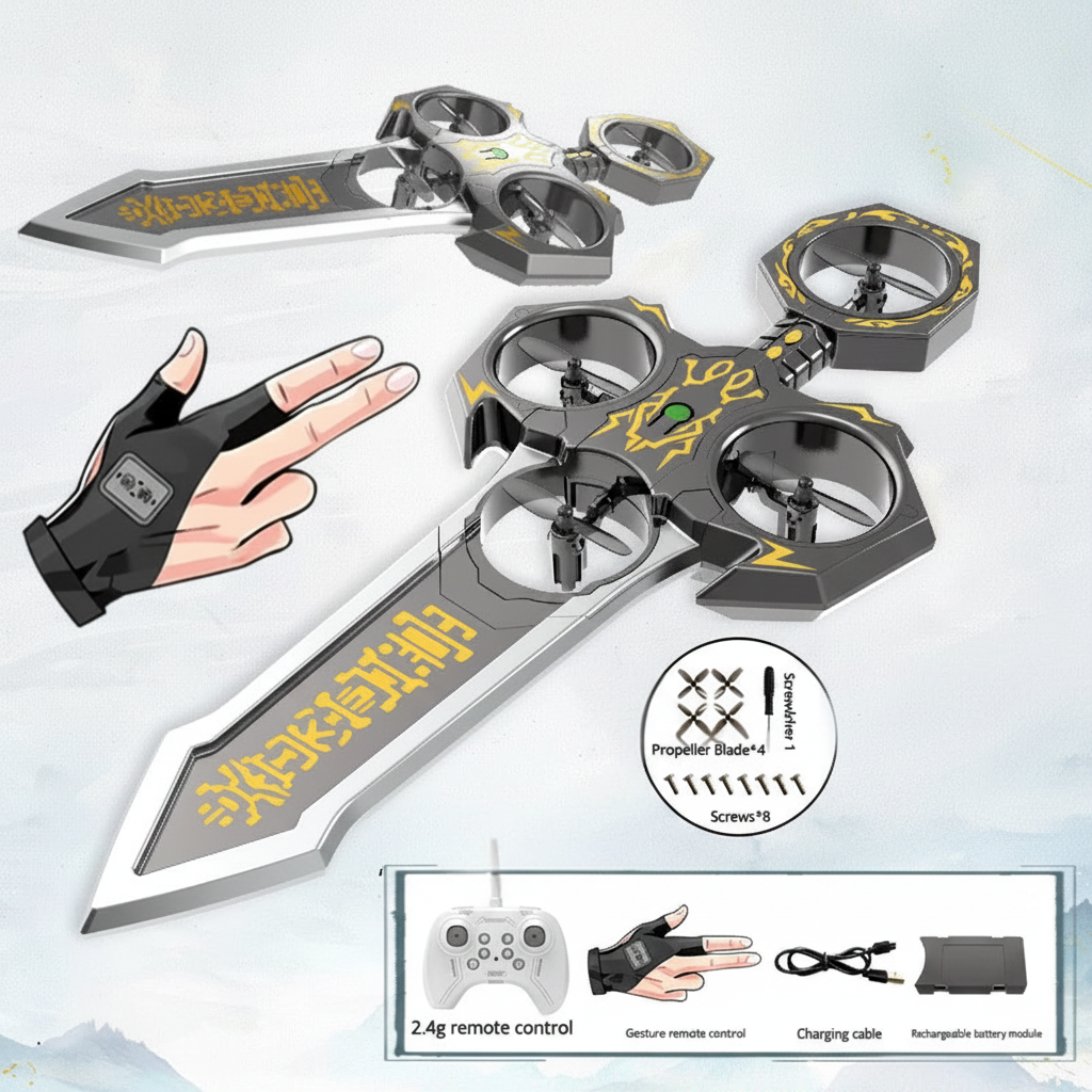 Gold-and-silver flying sword with two controllers, charging cable, battery module, propeller blades, and screws