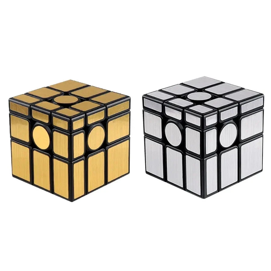 Gold- and silver-tone mirror cube puzzle styles with black borders