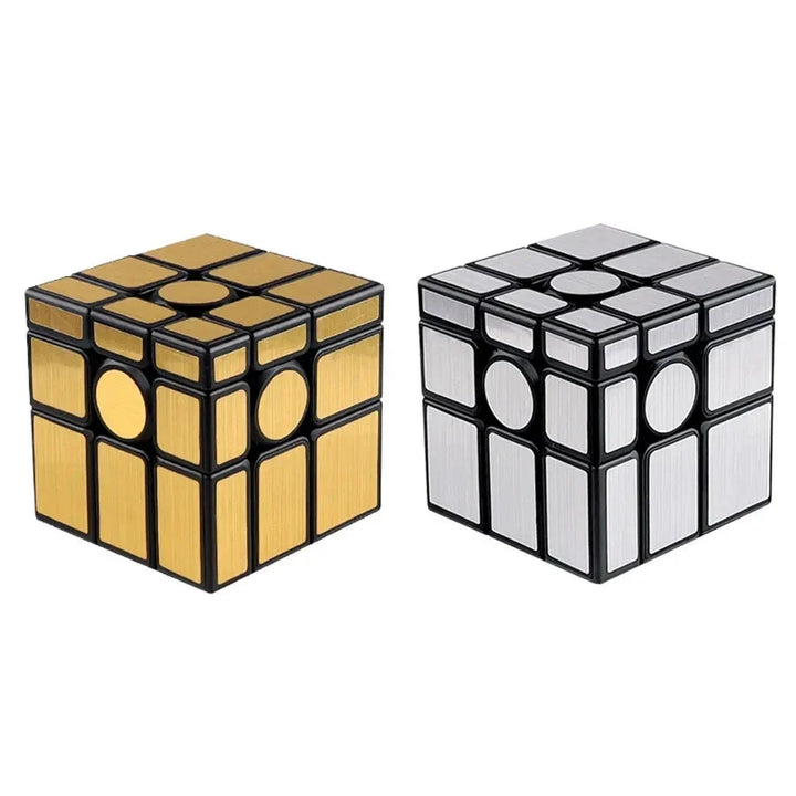 Gold- and silver-tone mirror cube puzzle styles with black borders