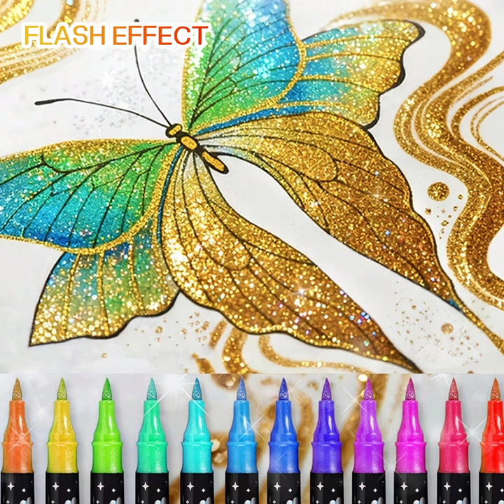 Gold and turquoise glitter butterfly drawing above a row of colored marker tips