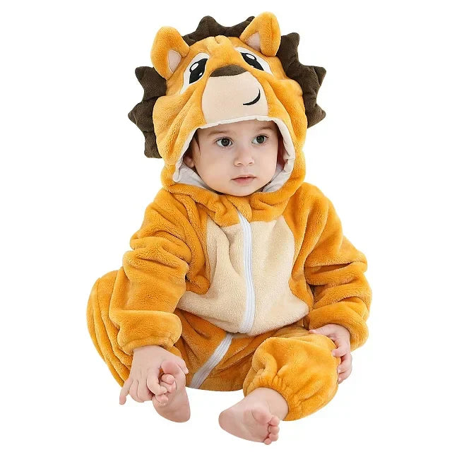Baby wearing a golden lion romper with a dark mane around the character hood.