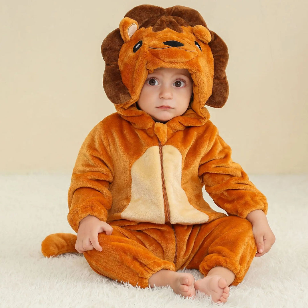 Golden-brown lion onesie shown with a full mane hood, cream belly, and tail