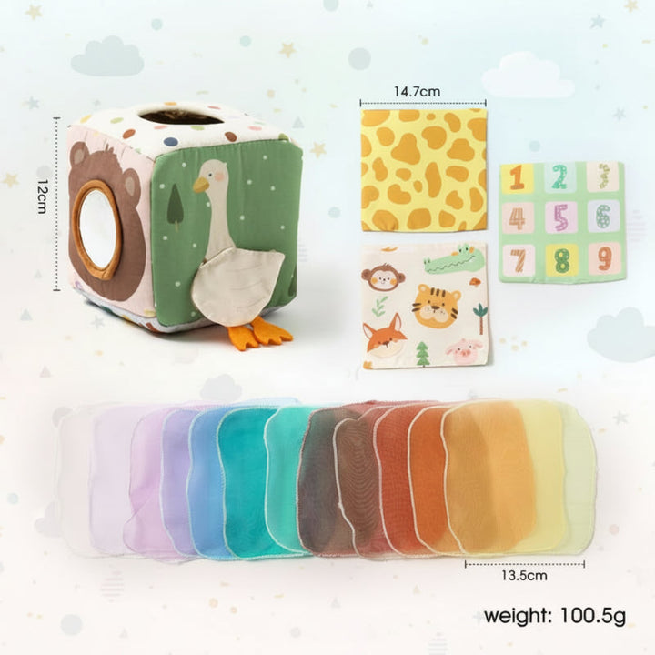 Goose sensory cube with colorful scarves, patterned panels, and size measurements