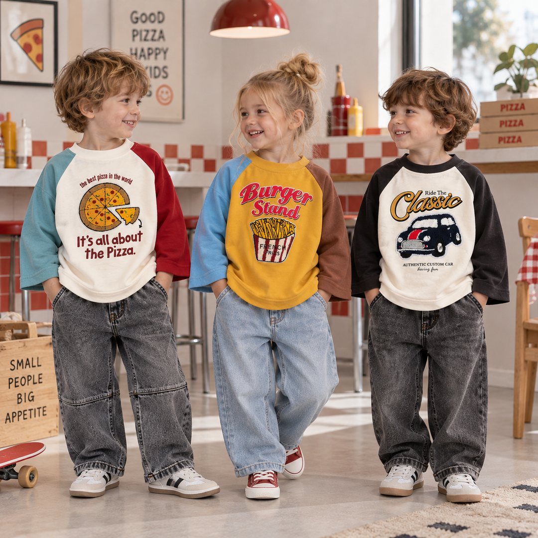 Three children wearing pizza, fries and classic car graphic long-sleeve shirts with jeans