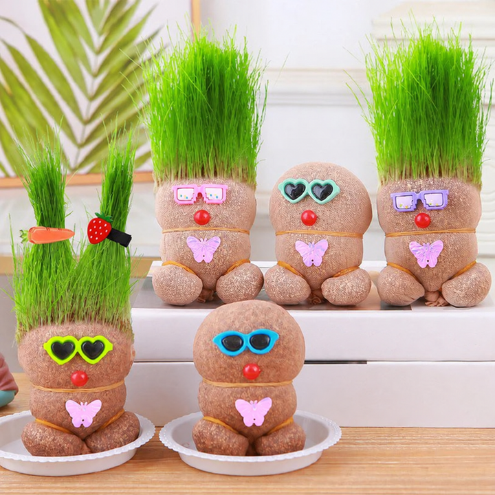 Grass-growing figures with colorful glasses and varied grass hairstyles in shallow bowls