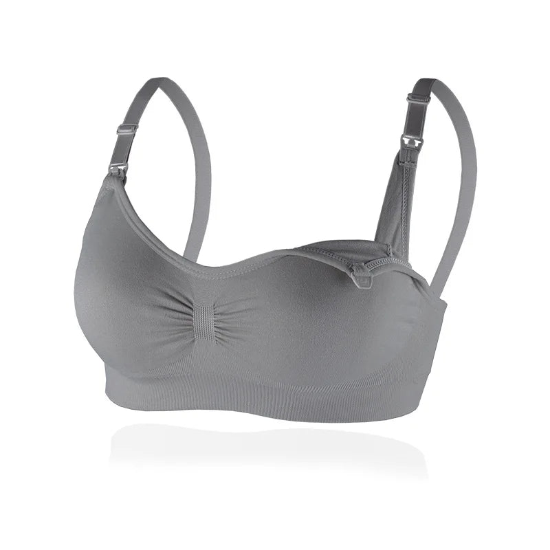 Gray nursing bra with adjustable shoulder straps and a ribbed underband.