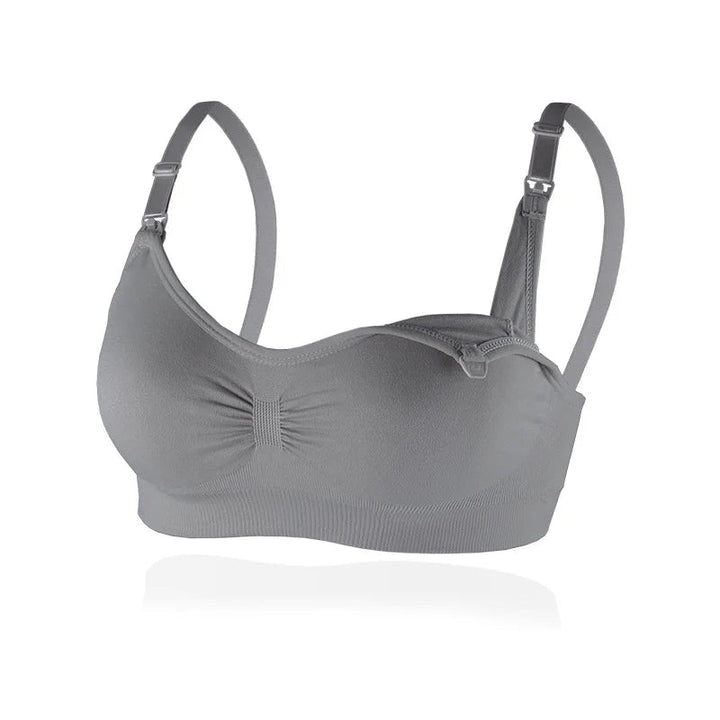 Gray nursing bra with adjustable shoulder straps and a ribbed underband.