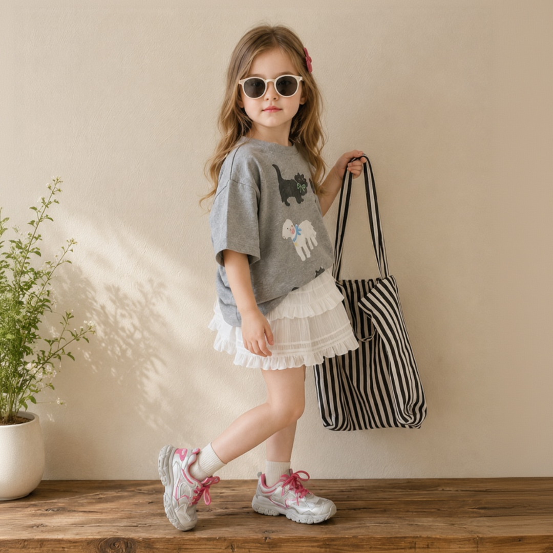 Girl styling a gray animal-print tee with sunglasses, a white skirt, sneakers, and a striped tote.