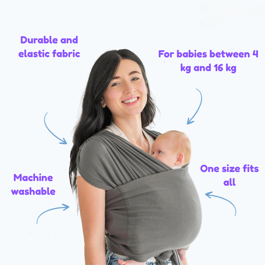 Gray baby carrier graphic noting the one-size fit, machine washing, stretchy fabric and 4–16 kg weight range