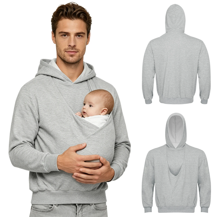 Gray baby-pouch hoodie modeled with a baby, alongside front and back garment views