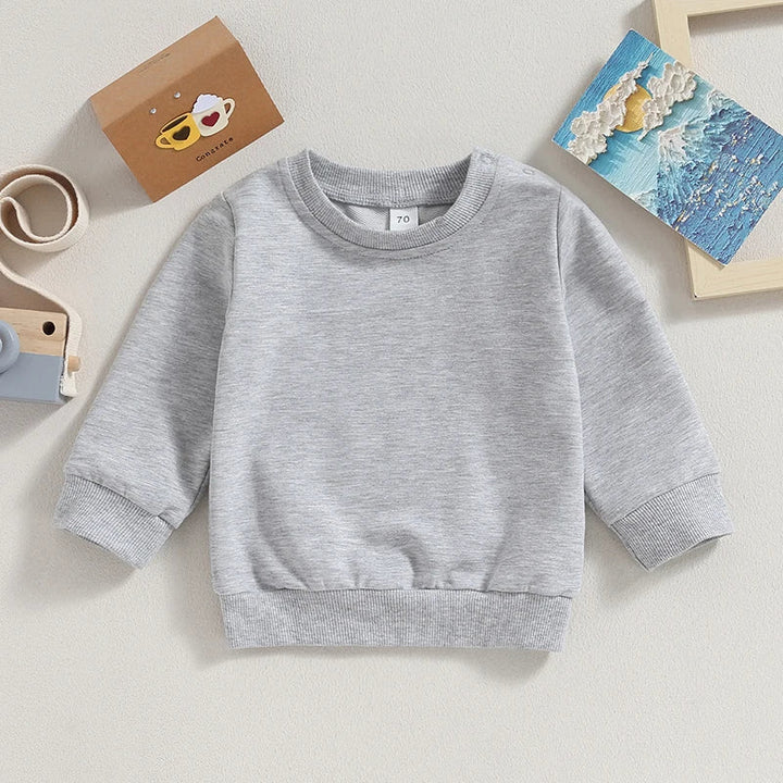 Gray baby sweatshirt with long sleeves and a ribbed crew neck