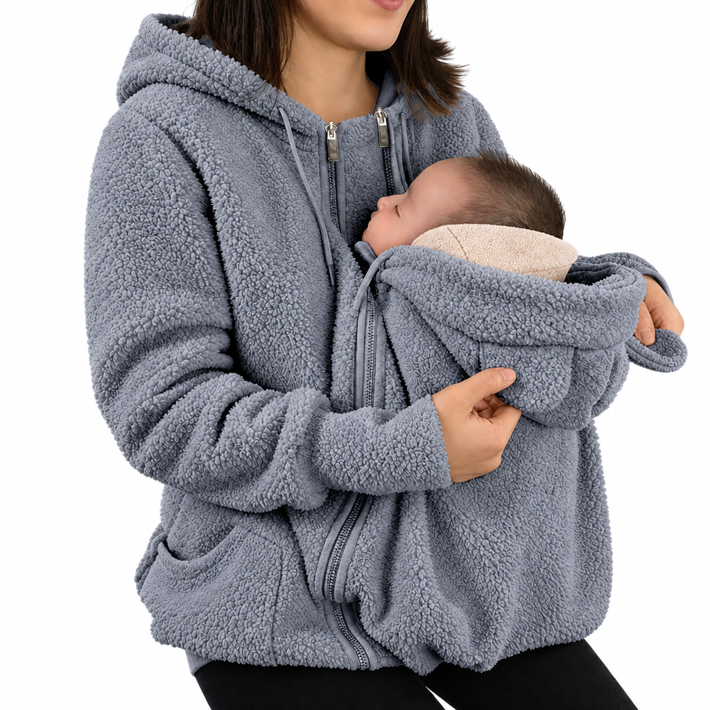 Gray hooded babywearing jacket modeled with a baby