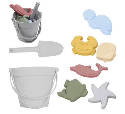 Gray silicone beach bucket and shovel with six colorful sea-themed sand molds.