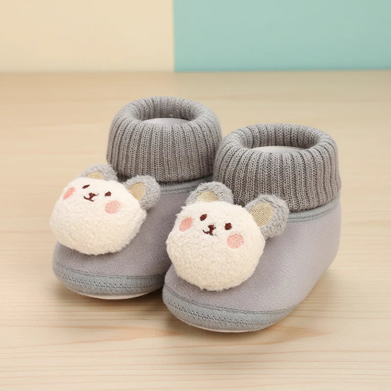 Gray bear baby slippers with cream plush faces and knitted collars