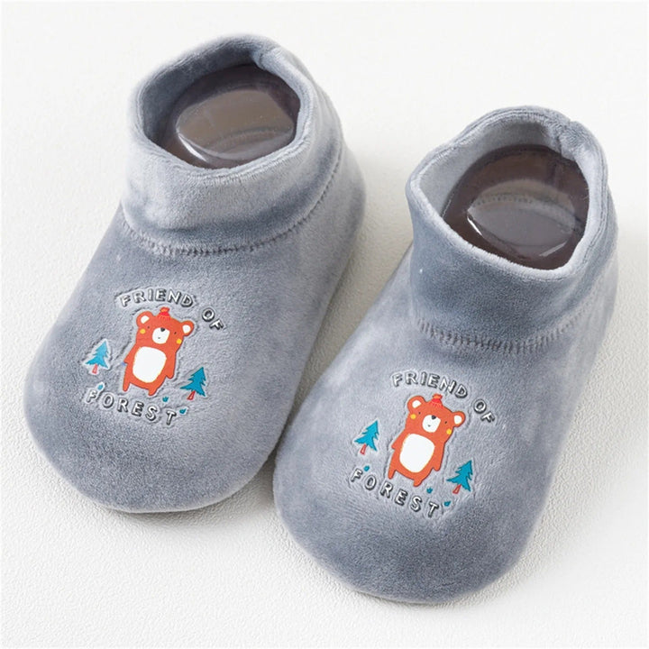 Gray sock shoes with bear prints and soft ankle openings