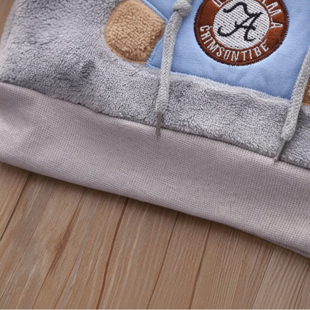 Gray sweatshirt hem with ribbed trim below the bear design