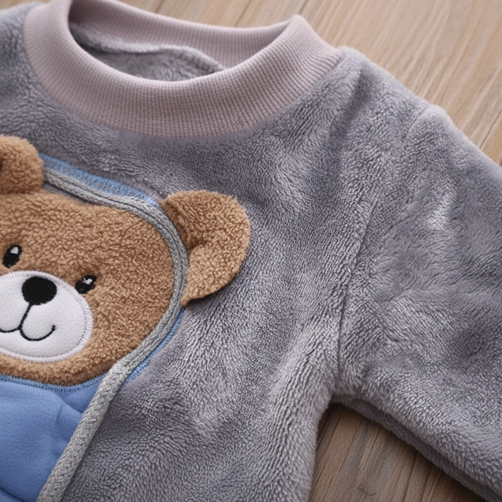 Close-up of the round ribbed neckline and shoulder of a gray bear sweatshirt