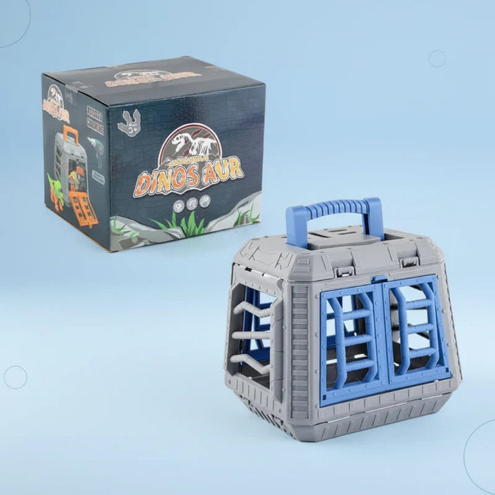 Gray dinosaur storage box with blue handle and doors beside its packaging