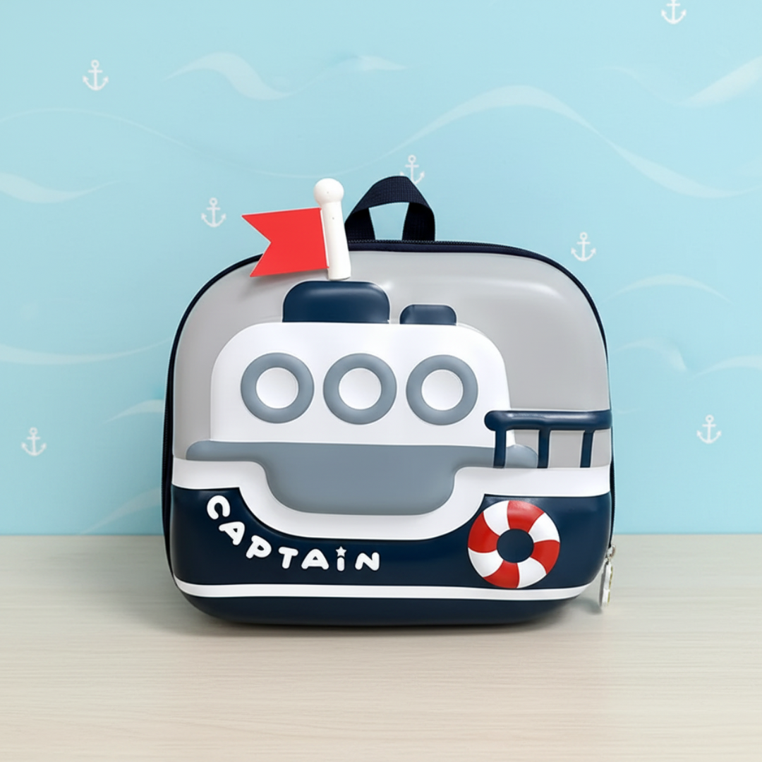 Gray boat backpack with dark trim, a red flag and a top handle