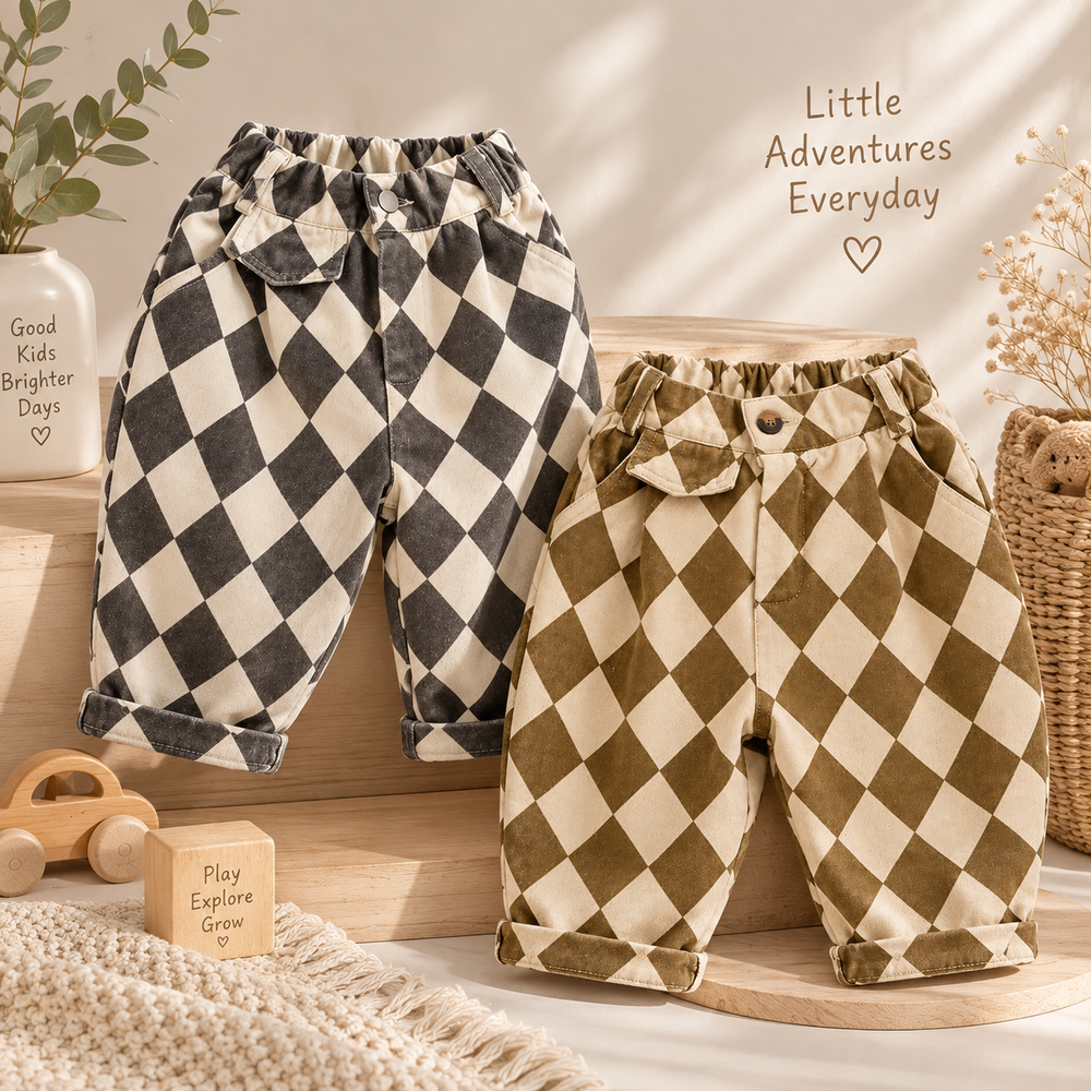 Gray and brown kids' argyle pants displayed together with gathered waistbands and rolled cuffs