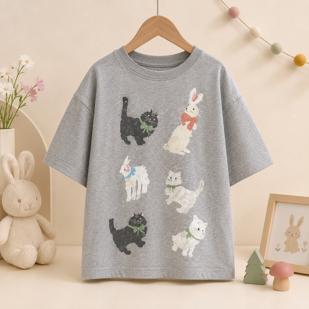 Gray oversized T-shirt with colorful cat and rabbit graphics displayed on a wooden hanger.