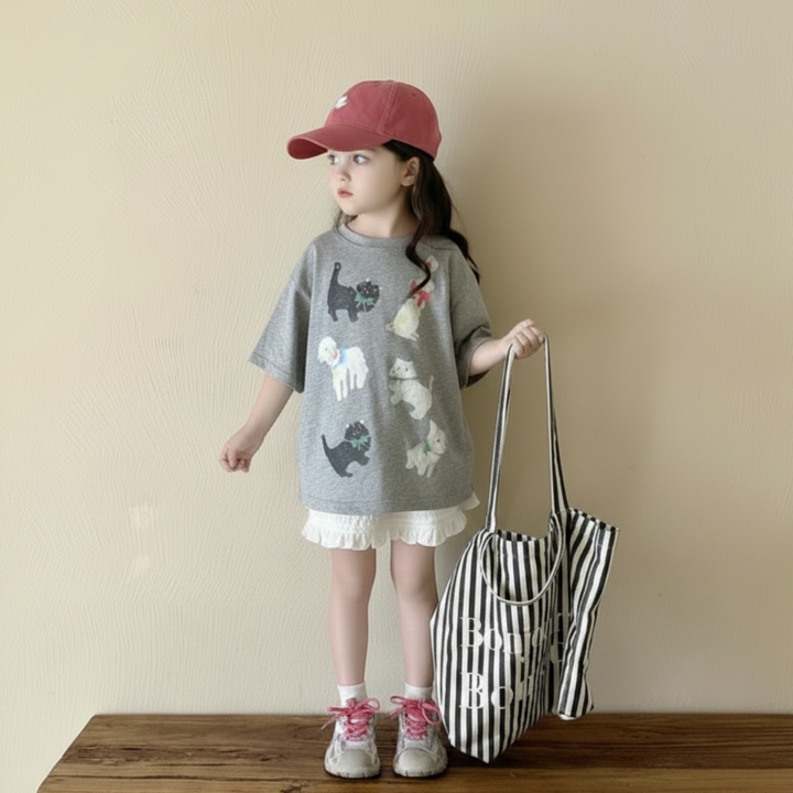 Girl wearing a loose gray animal-print T-shirt over a white skirt with a pink cap.