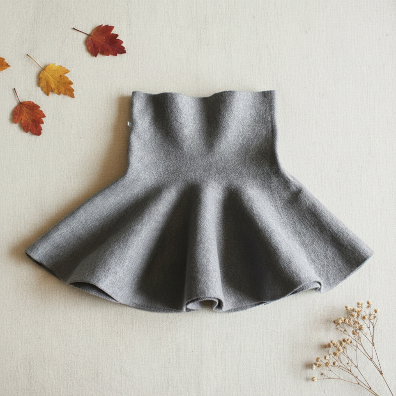 Plain gray A-line knit skirt laid flat with its flared silhouette visible