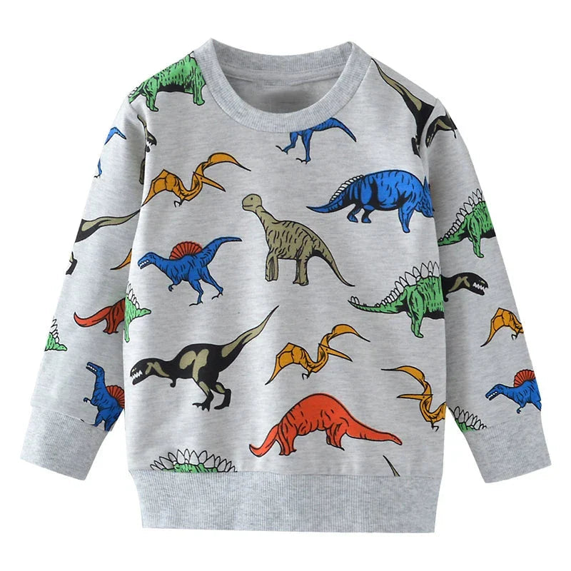 Gray crewneck sweatshirt with colorful allover dinosaur prints