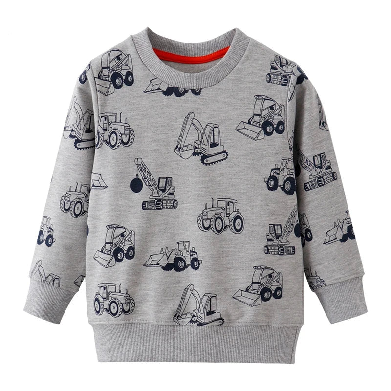 Gray sweatshirt with black line drawings of excavators and construction vehicles