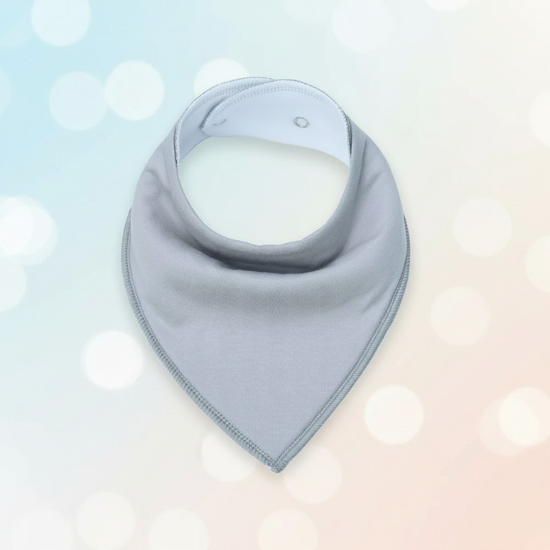 Gray cotton bandana bib with a white inner lining and snap closure