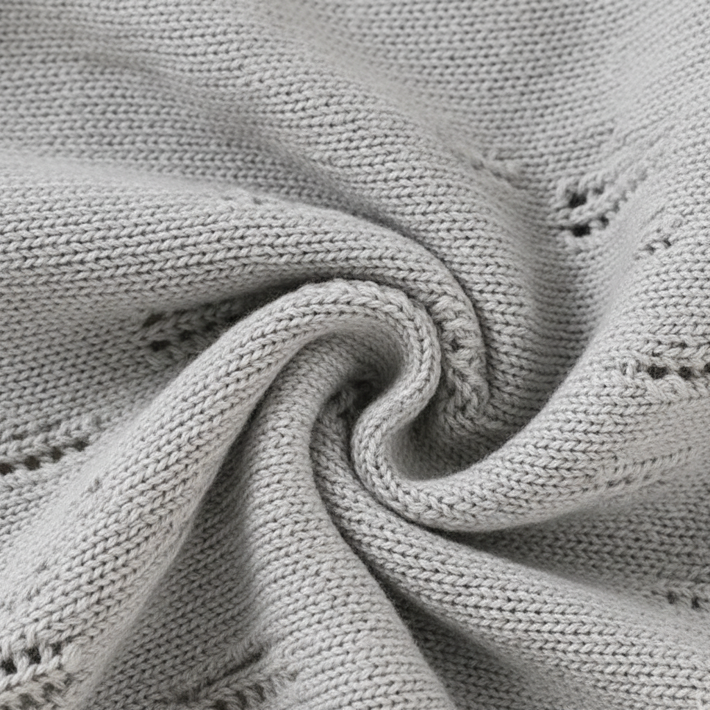 Close-up of gray cotton knit fabric with a small repeating pattern.