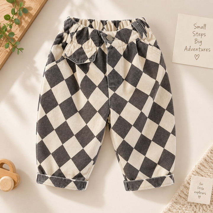 Gray and cream argyle pants showing the button closure, front pockets, and rolled cuffs