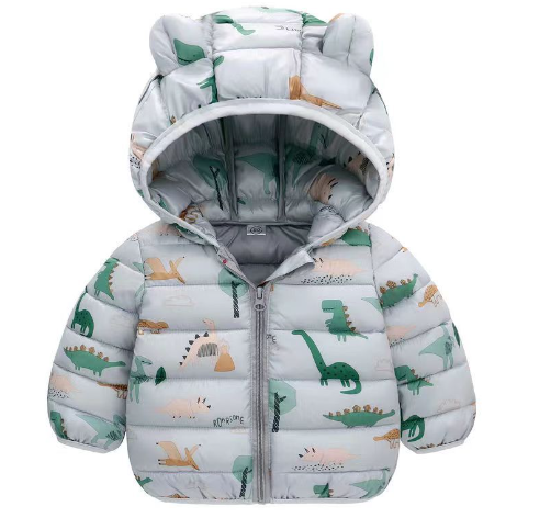 Light gray dinosaur-print puffer jacket with gathered cuffs and a bear-ear hood