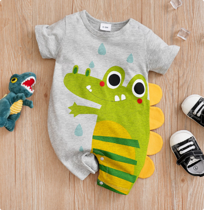 Gray short-sleeve baby romper with a green dinosaur graphic and yellow side spikes