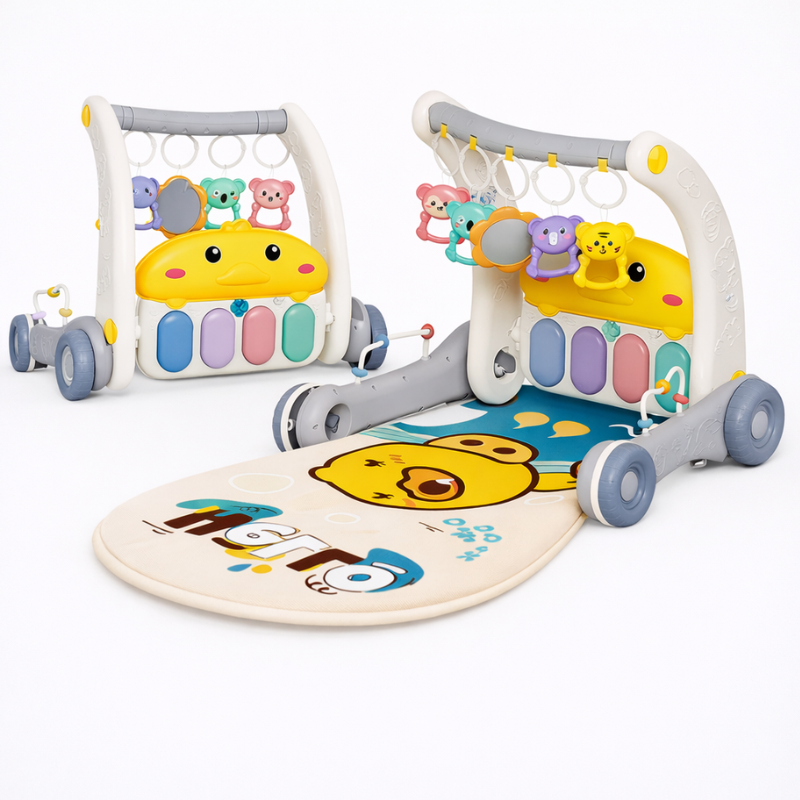 Gray and white duck gym and walker with hanging animal toys and a yellow duck-print mat