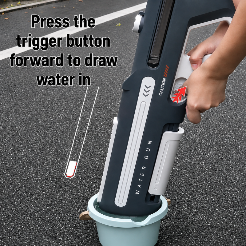Gray electric water blaster shown drawing water from a cup