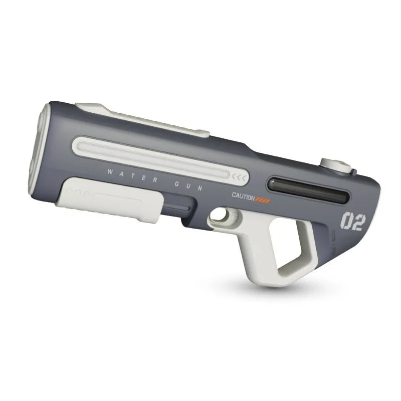 Side profile of the gray electric water blaster with a white handle