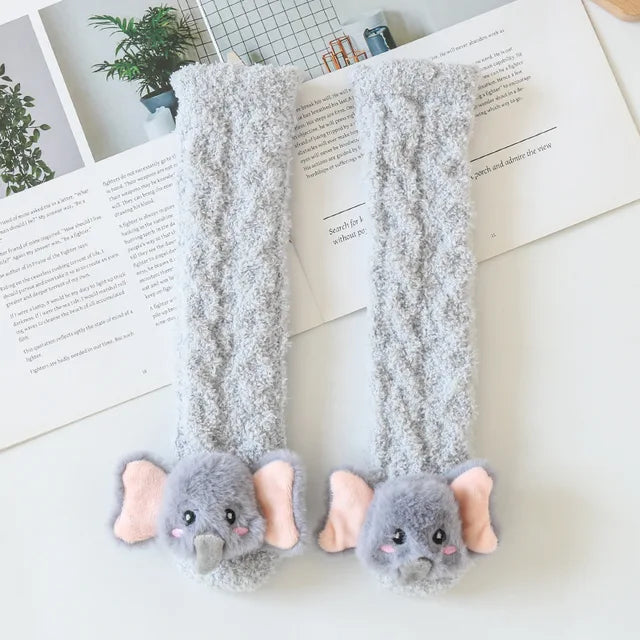 Gray long socks with elephant faces and pink ears