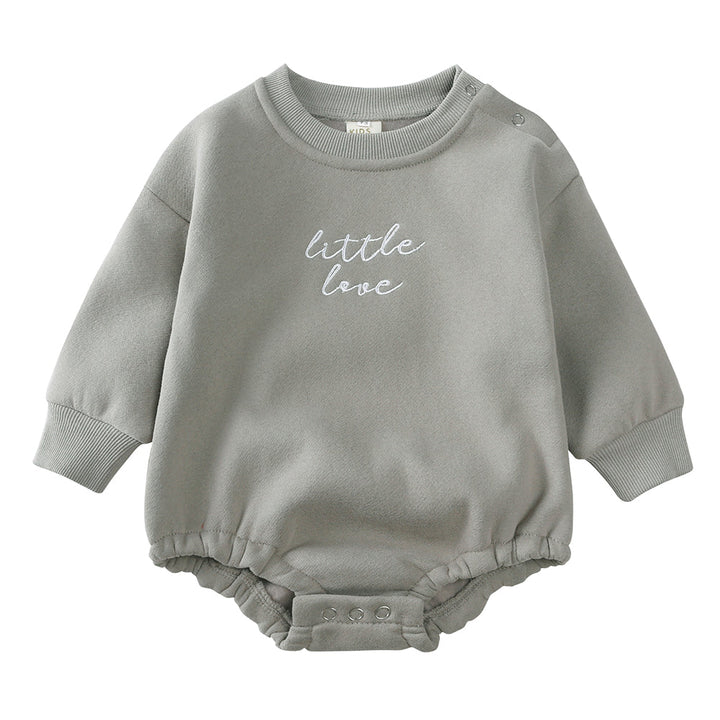 Gray baby sweater romper with embroidered lettering, shoulder snaps, and crotch snaps