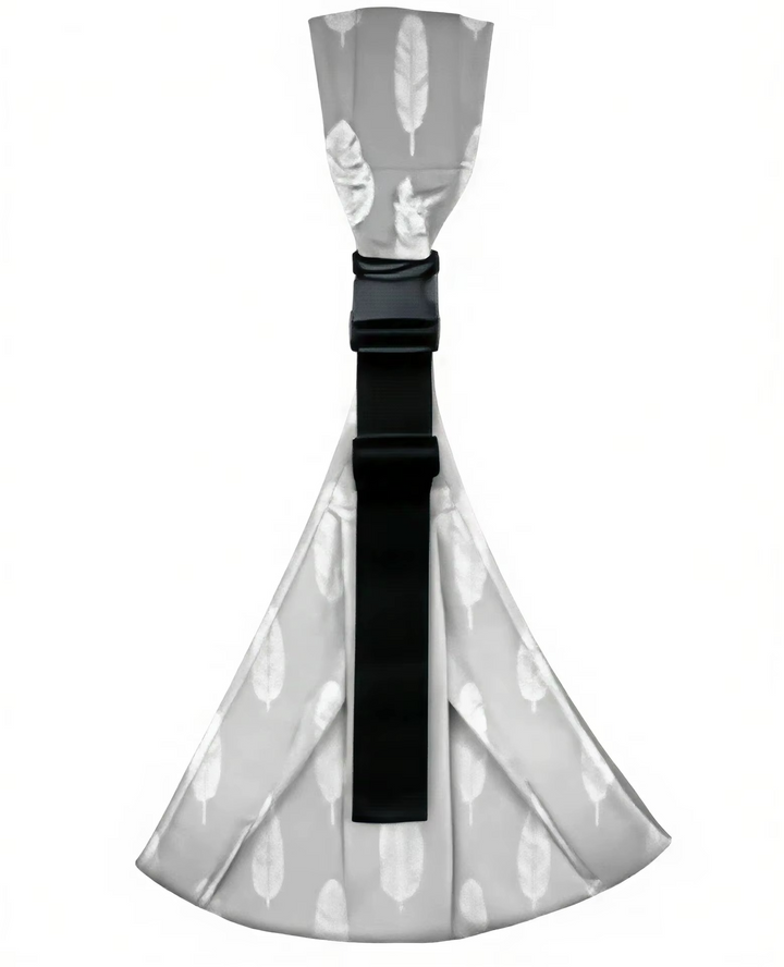 Gray hip carrier with a white feather pattern and black adjustable strap